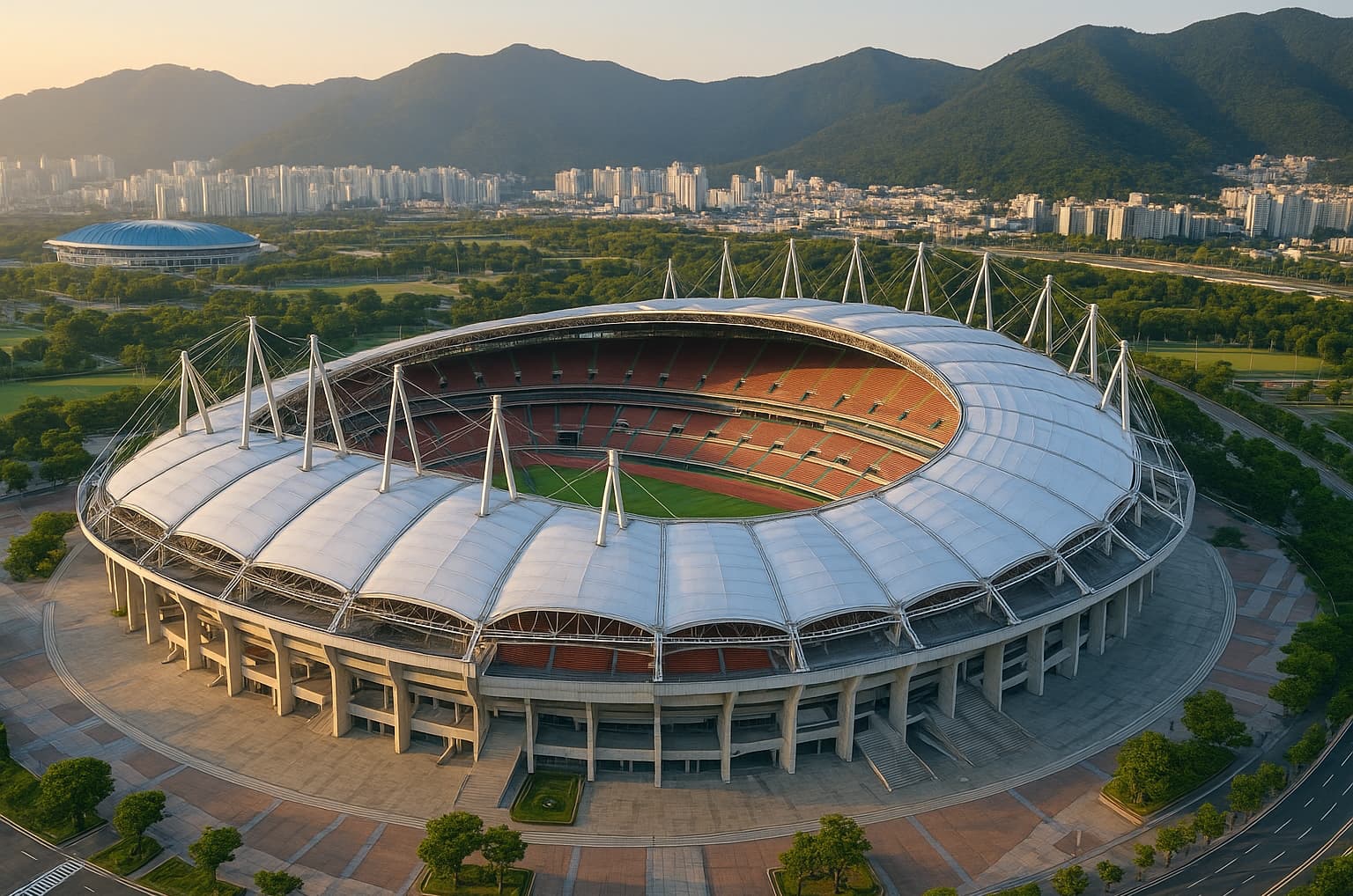 عکس هوایی Busan Asiad Main Stadium - نمای کل استادیوم و محوطه اطراف
